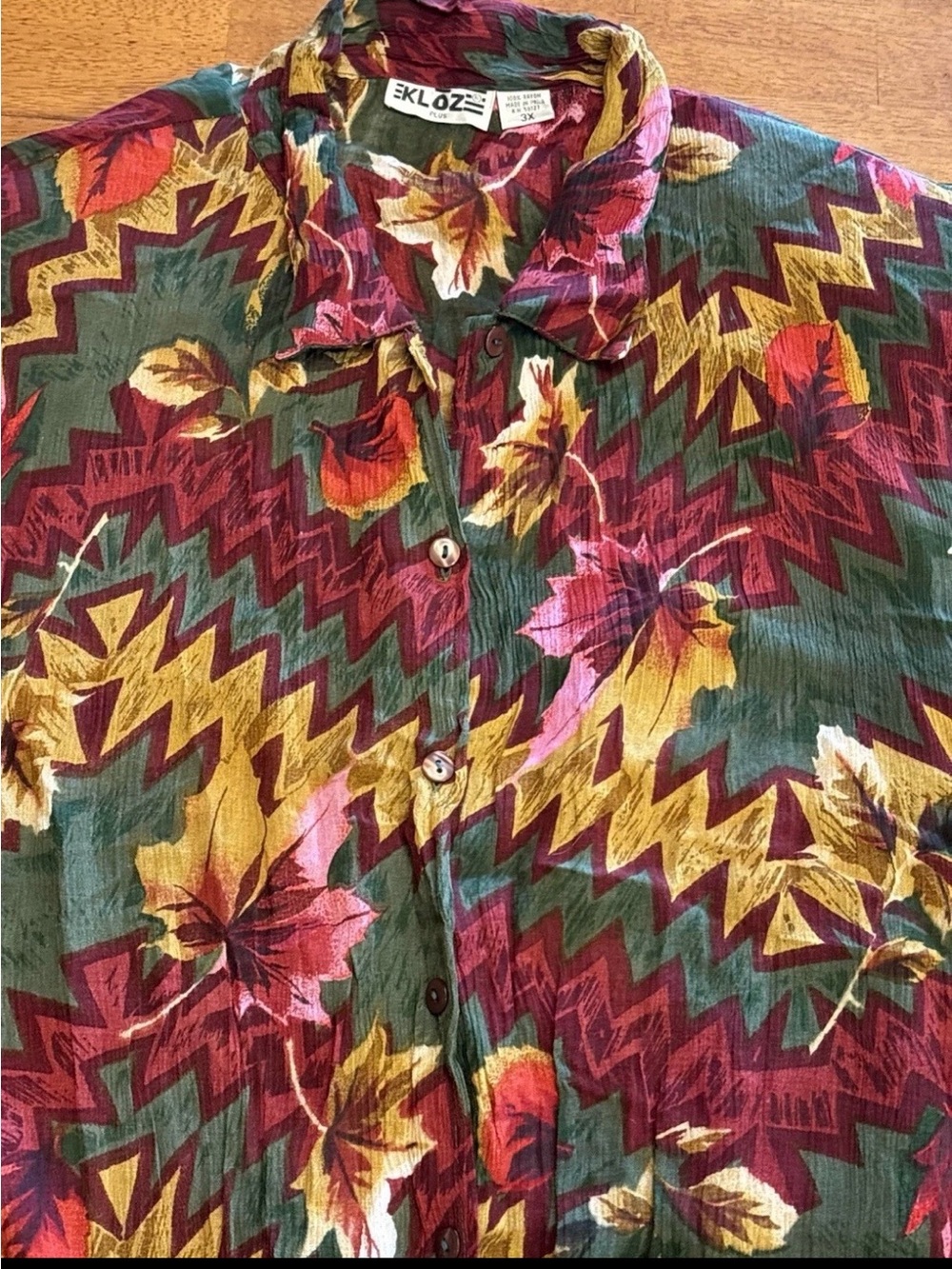 3x Women’s Fall Floral Leaf Print Top Flowy Gold Burgundy Green Button Down